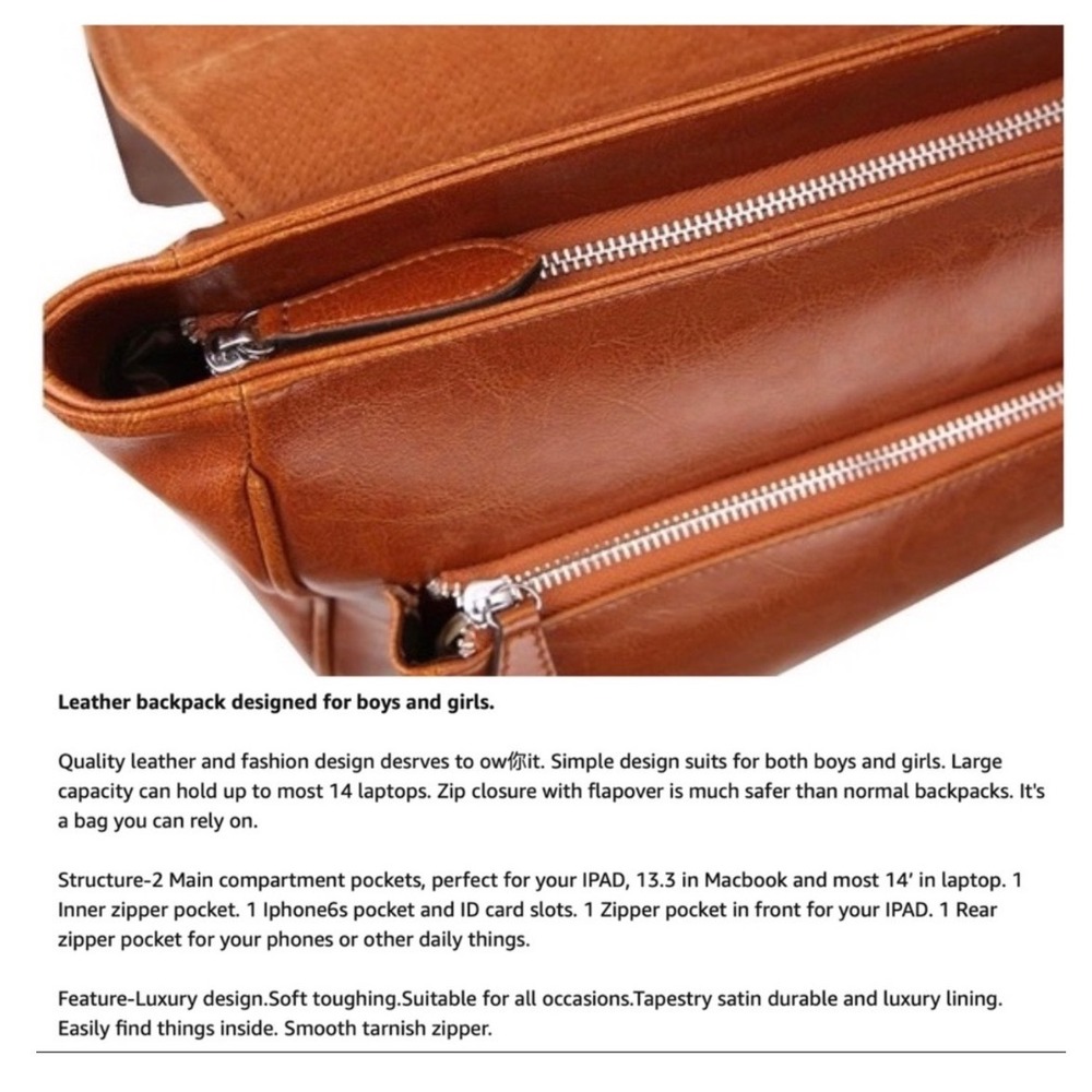 Iswee Cognac Brown Leather Laptop Backpack Unisex Flapover Satchel Bag 14 Inch - Picture 2 of 16